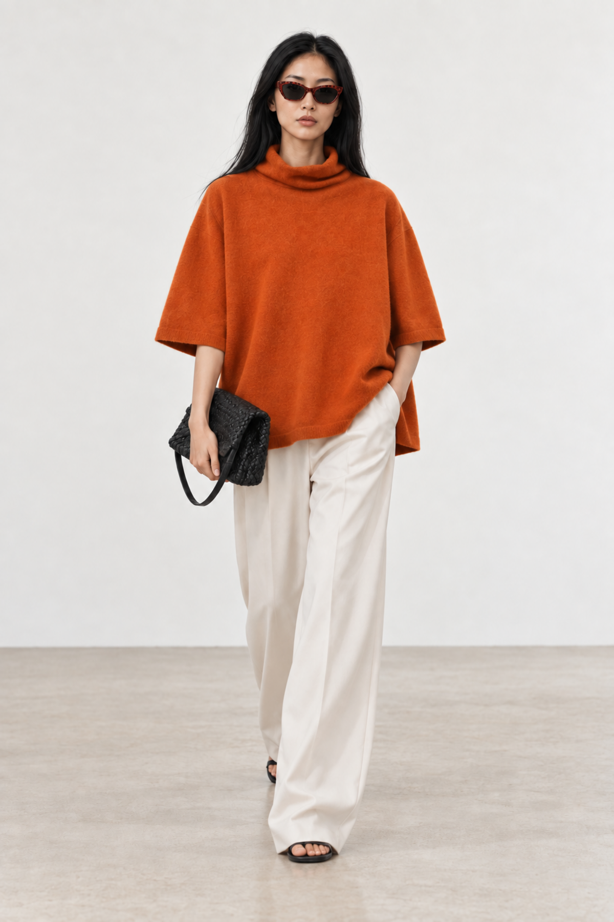 June Park (5'9.5" / 177 cm) wears a size S