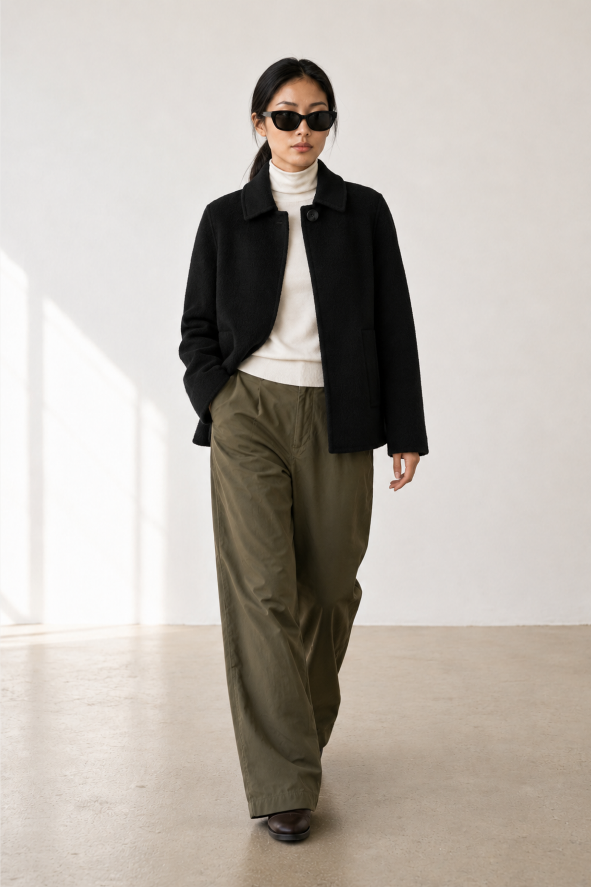 June Park (5'9.5" / 177 cm) wears a size S