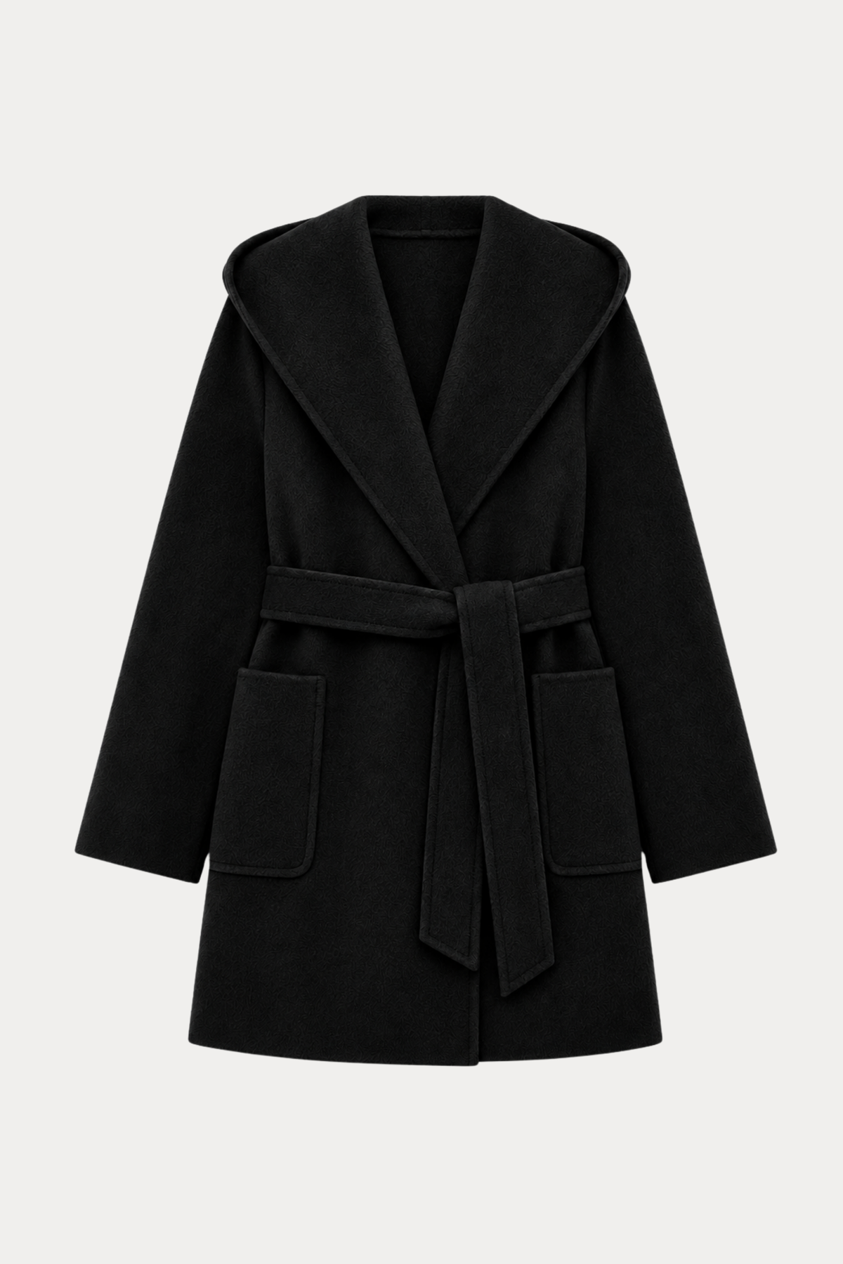 Wool Ripple Hooded Coat - Black