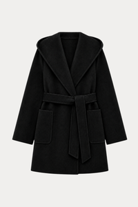 Wool Ripple Hooded Coat - Black