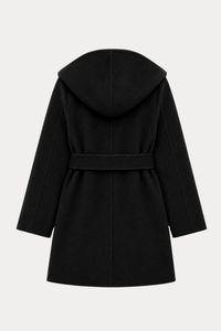 Wool Ripple Hooded Coat - Black