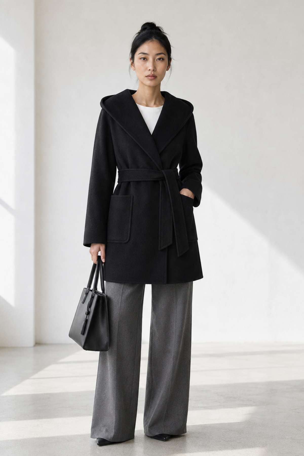 June Park (5'9.5" / 177 cm) wears a size S