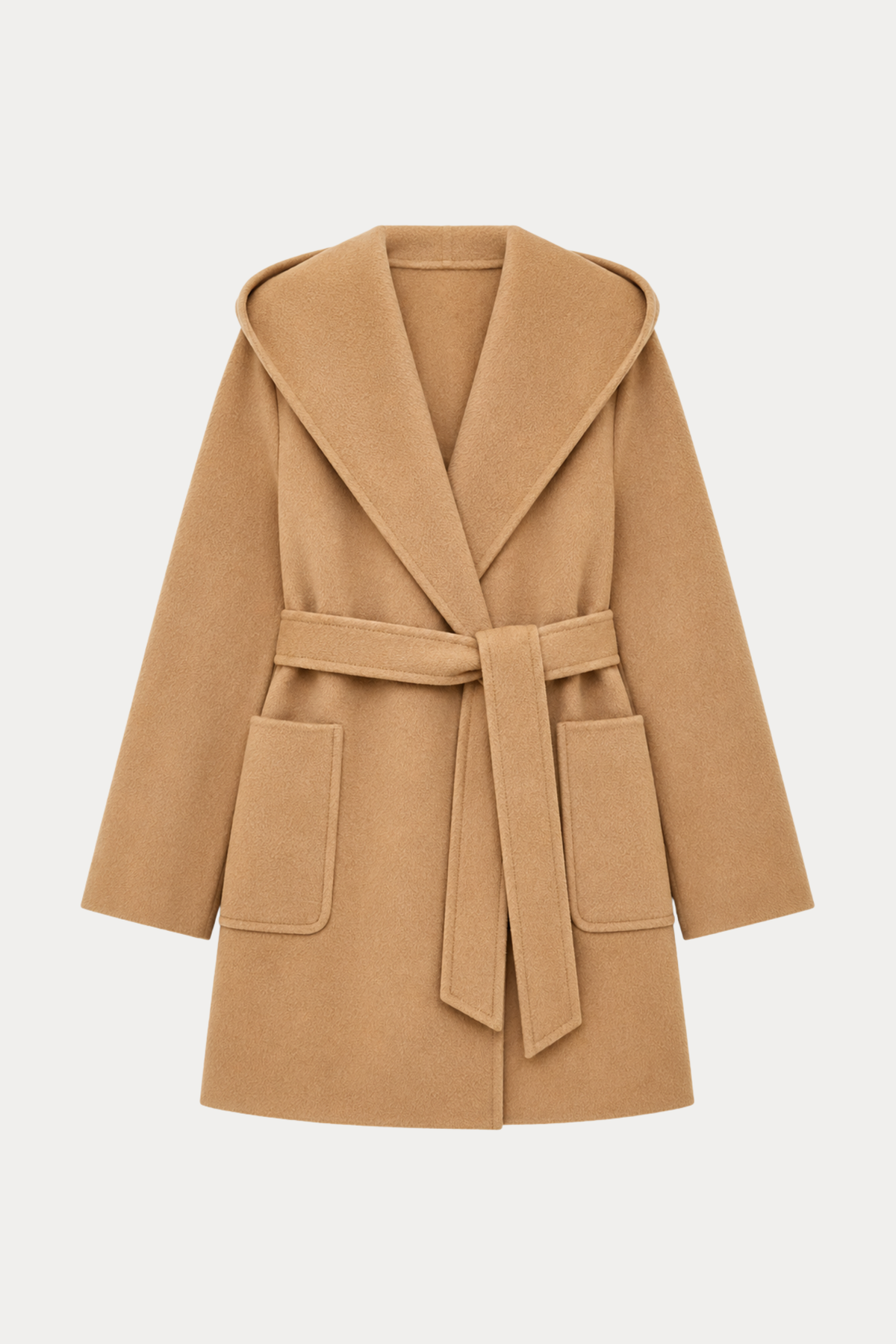 Wool Ripple Hooded Coat - Camel
