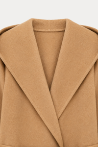 Wool Ripple Hooded Coat - Camel