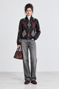 Brushed Argyle Zip-Up Cardigan