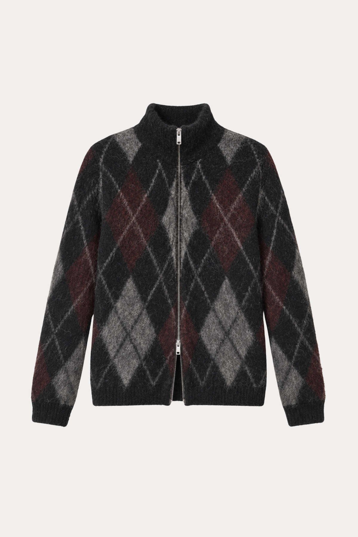 Brushed Argyle Zip-Up Cardigan