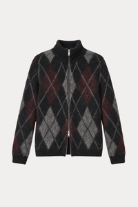 Brushed Argyle Zip-Up Cardigan