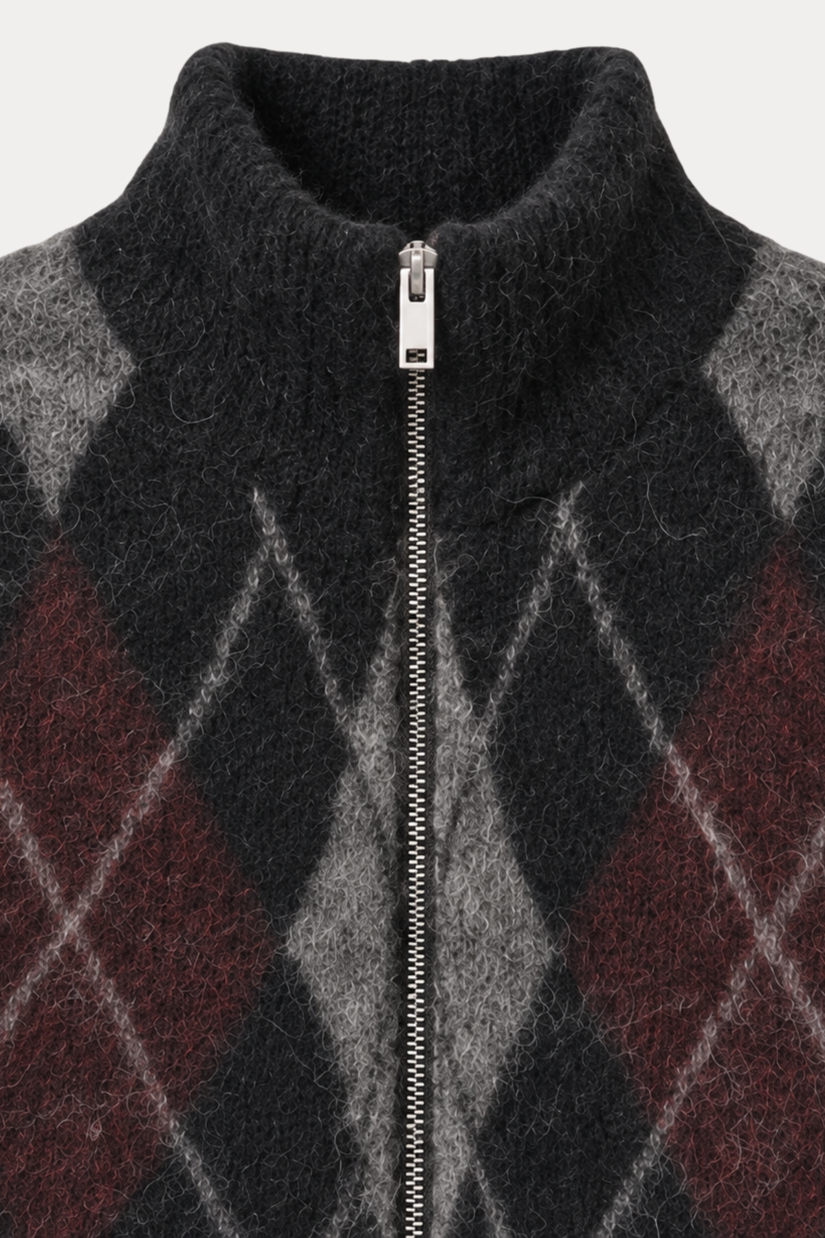 Brushed Argyle Zip-Up Cardigan