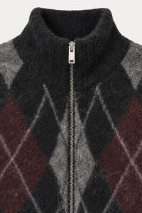 Brushed Argyle Zip-Up Cardigan