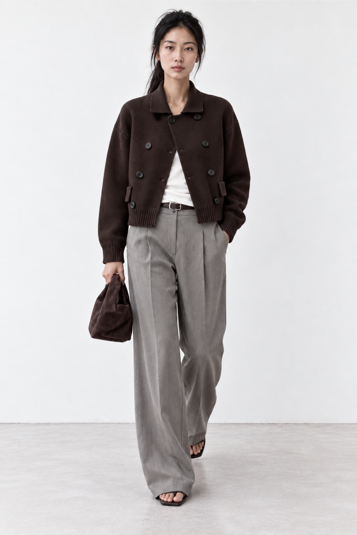 June Park (5'9.5" / 177 cm) wears a size S