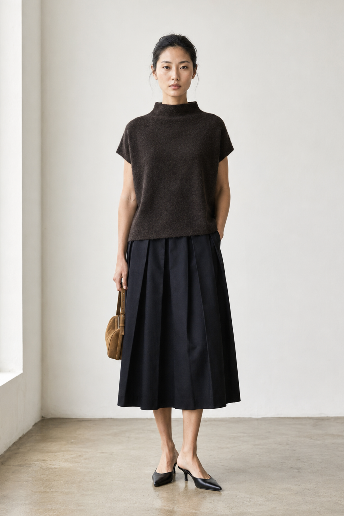 June Park (5'9.5" / 177 cm) wears a size S
