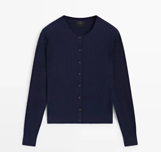 100% Cotton Braided Knit Cardigan in Navy