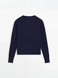 100% Cotton Braided Knit Cardigan in Navy, back