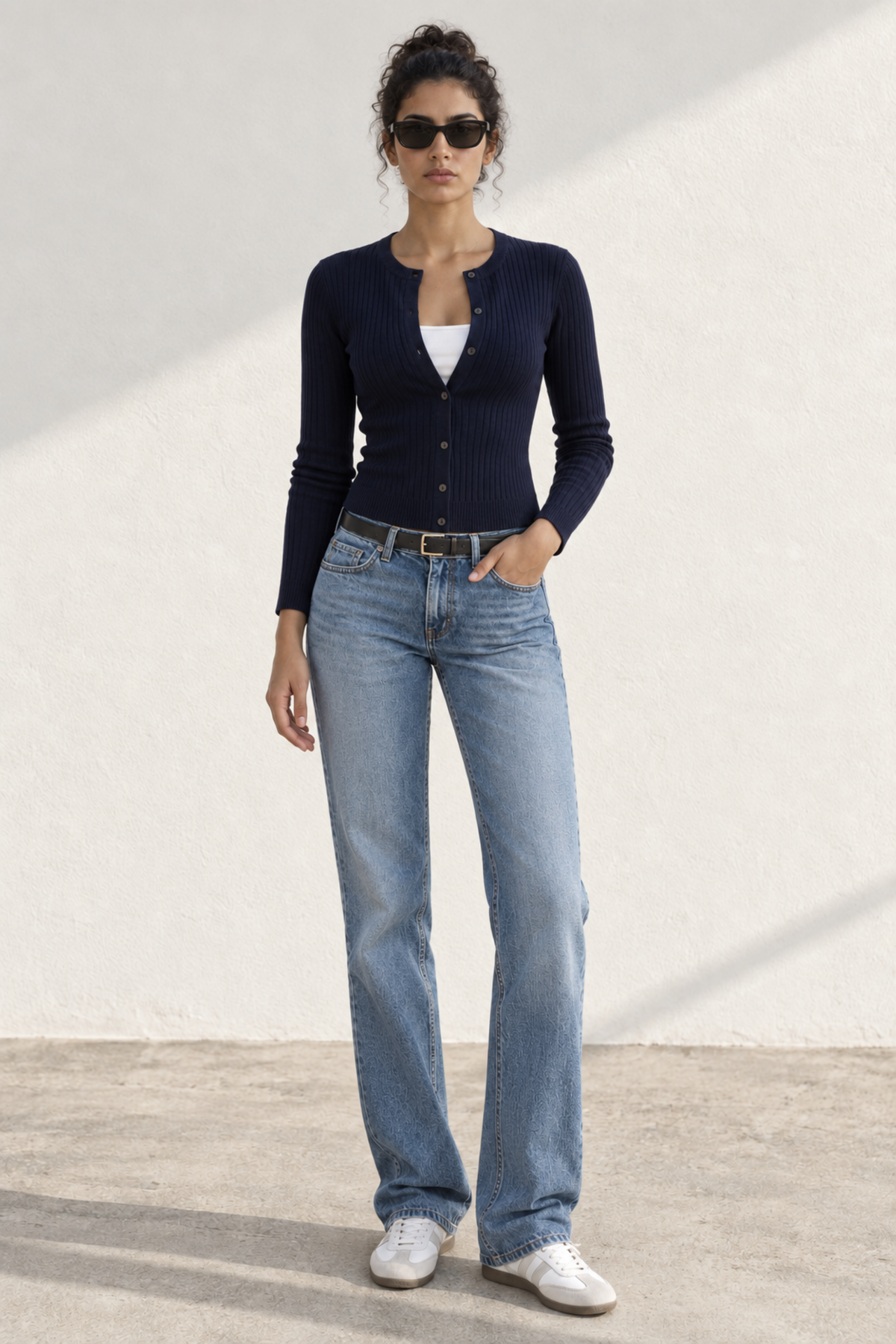 100% Cotton Braided Knit Cardigan in Navy