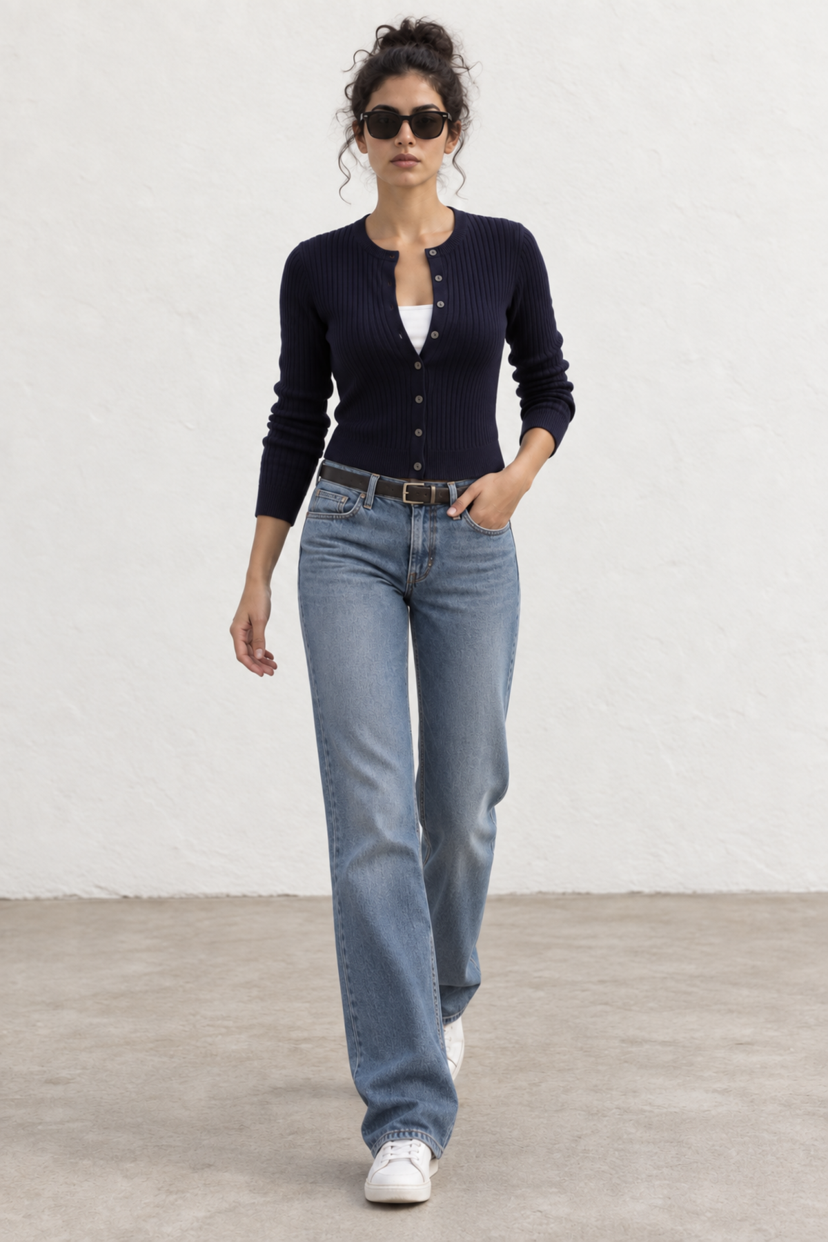 100% Cotton Braided Knit Cardigan in Navy