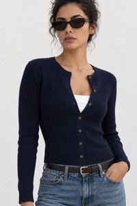 100% Cotton Braided Knit Cardigan in Navy