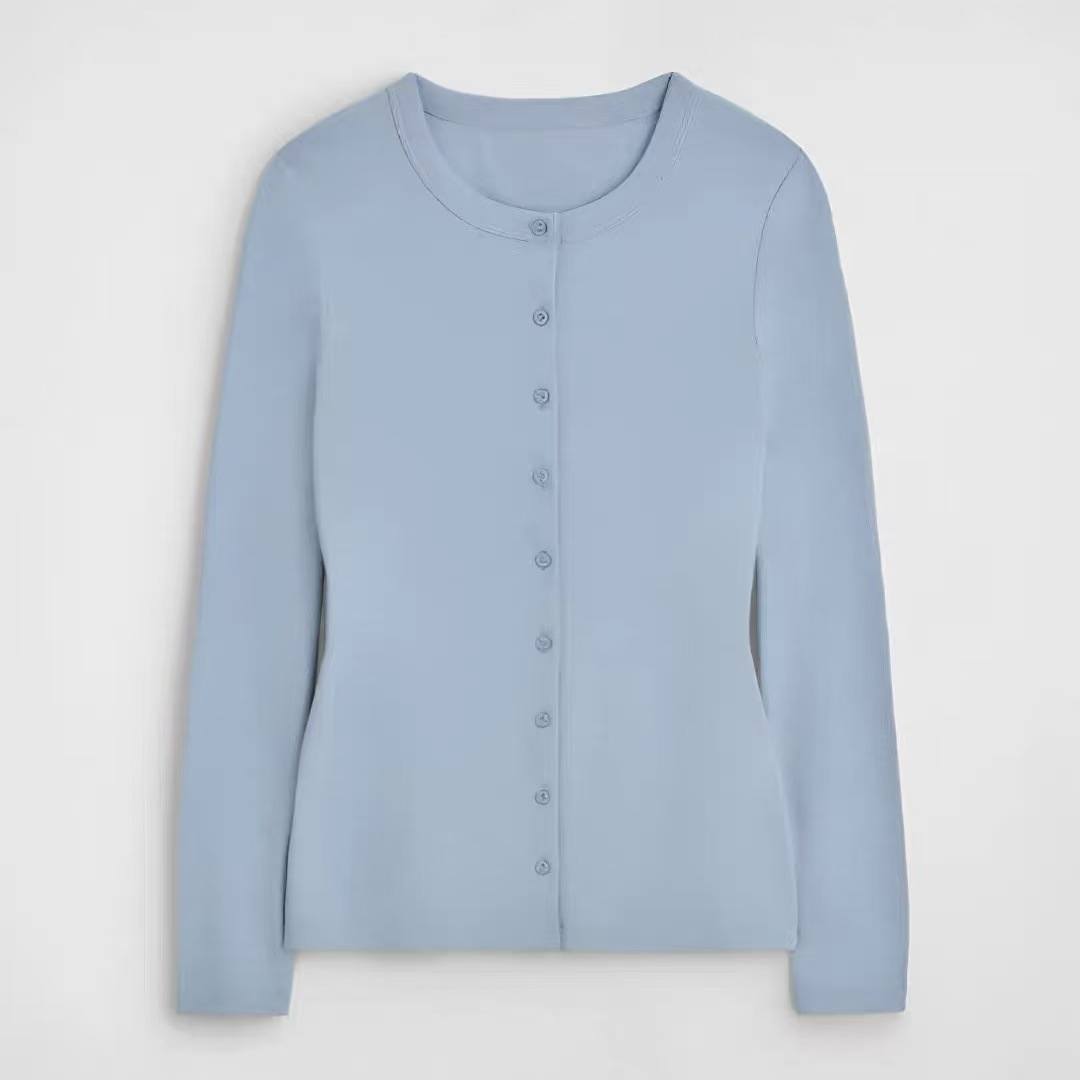 Stretch-Cotton Fitted Crewneck Cardigan in Light Blue