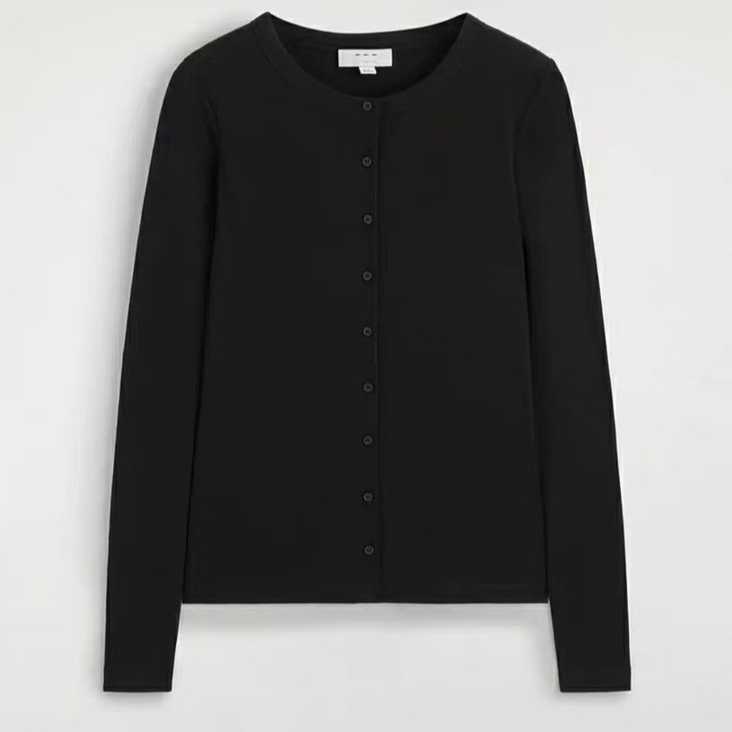 Stretch-Cotton Fitted Crewneck Cardigan in Black, flat