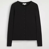 Stretch-Cotton Fitted Crewneck Cardigan in Black, flat