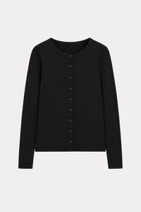 Stretch-Cotton Fitted Crewneck Cardigan in Black