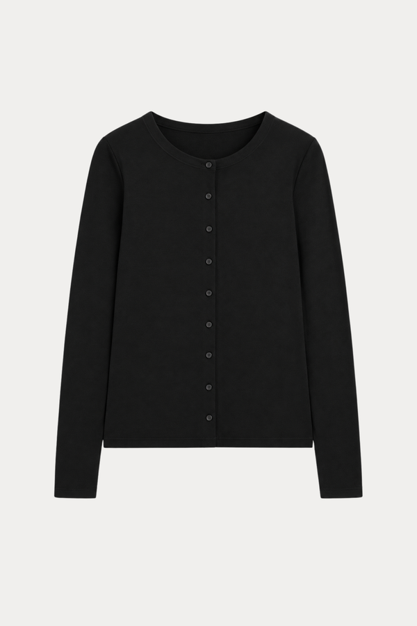 Stretch-Cotton Fitted Crewneck Cardigan in Black