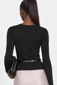 Stretch-Cotton Fitted Crewneck Cardigan in Black