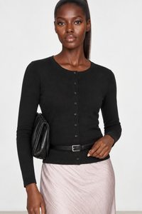 Stretch-Cotton Fitted Crewneck Cardigan in Black
