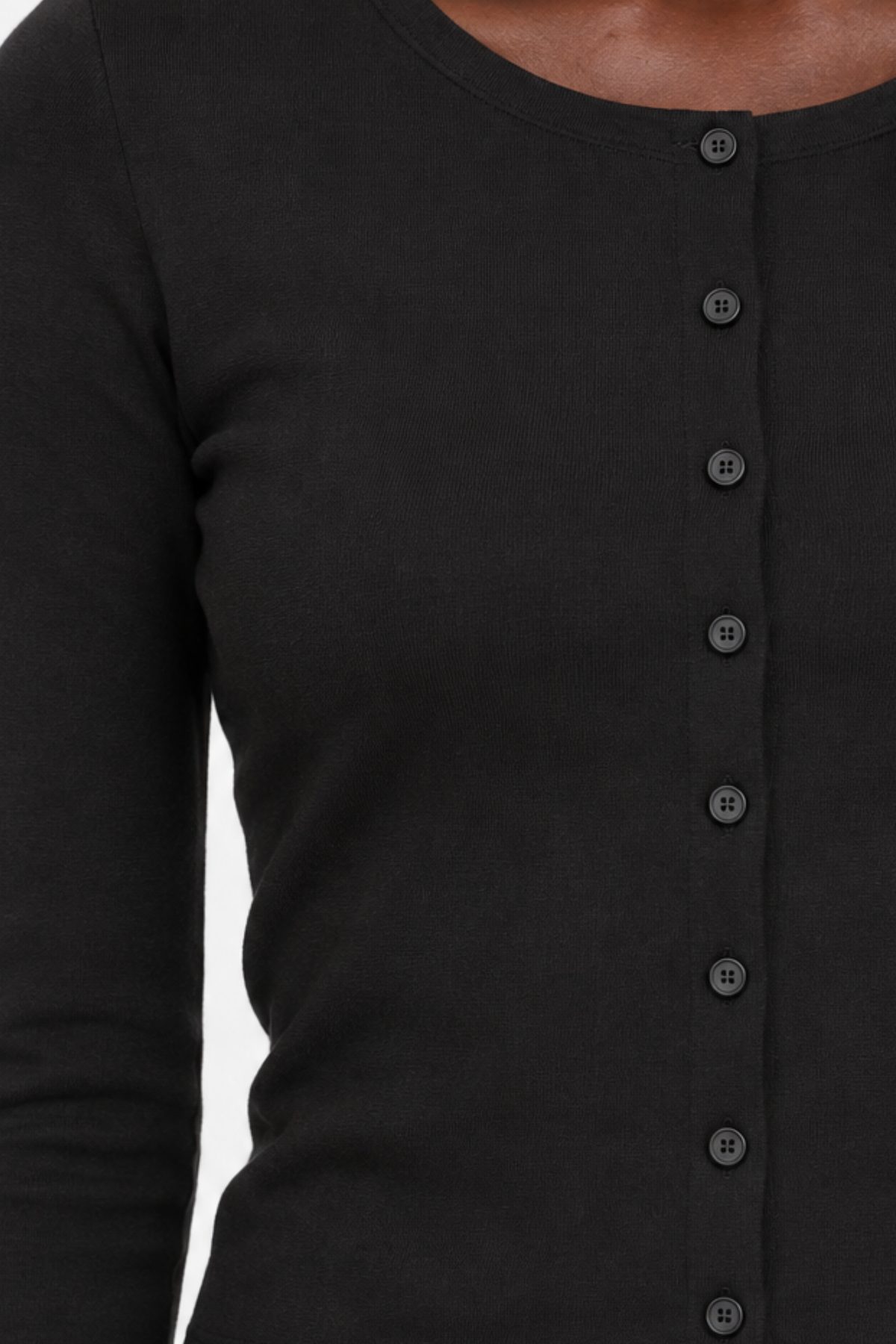 Stretch-Cotton Fitted Crewneck Cardigan in Black