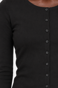 Stretch-Cotton Fitted Crewneck Cardigan in Black