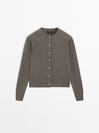 Gold-Button Crewneck Cardigan in Taupe Melange