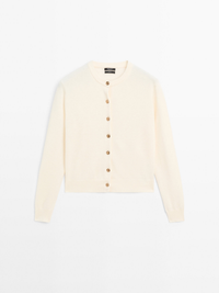 Gold-Button Crewneck Cardigan in Cream