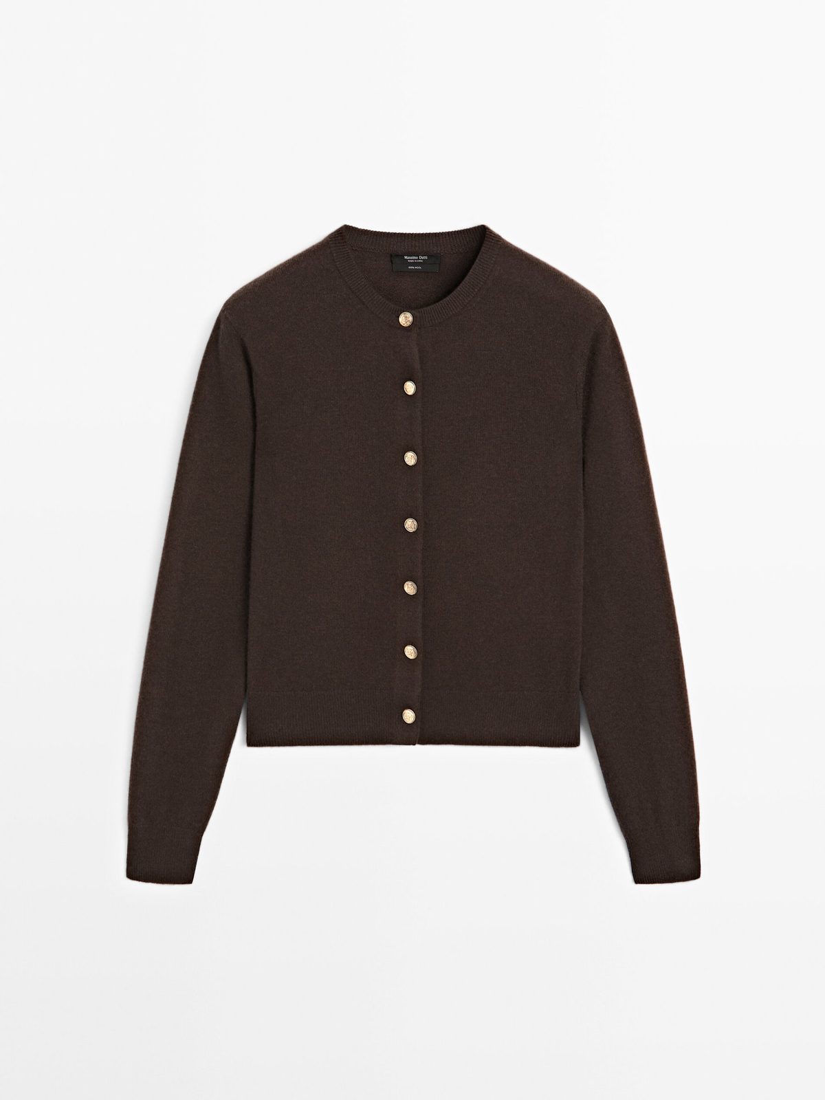 Gold-Button Crewneck Cardigan in Dark Brown