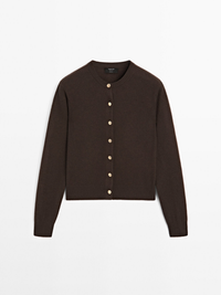 Gold-Button Crewneck Cardigan in Dark Brown