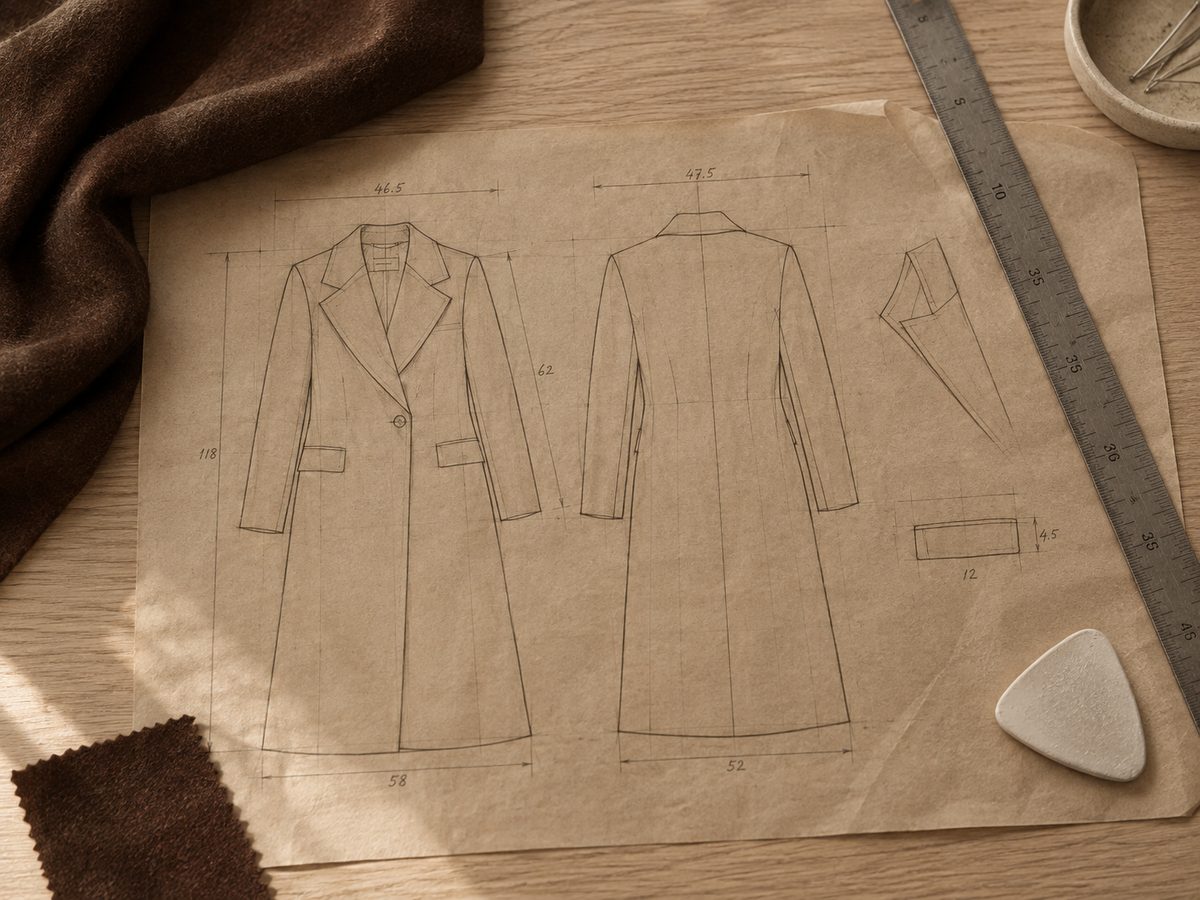 Pattern draft with measurements on kraft paper
