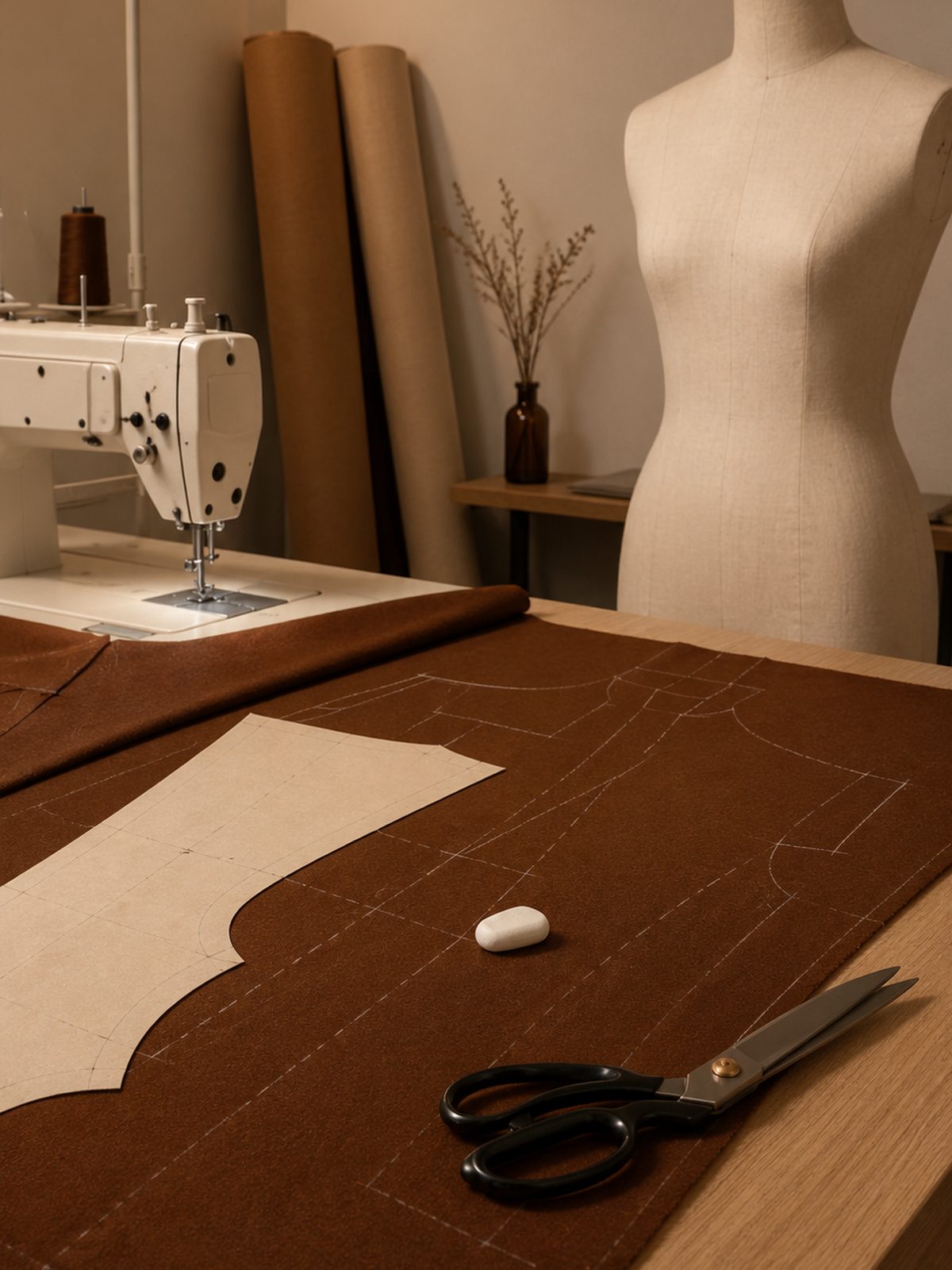 Cutting table with pattern, mannequin in the studio