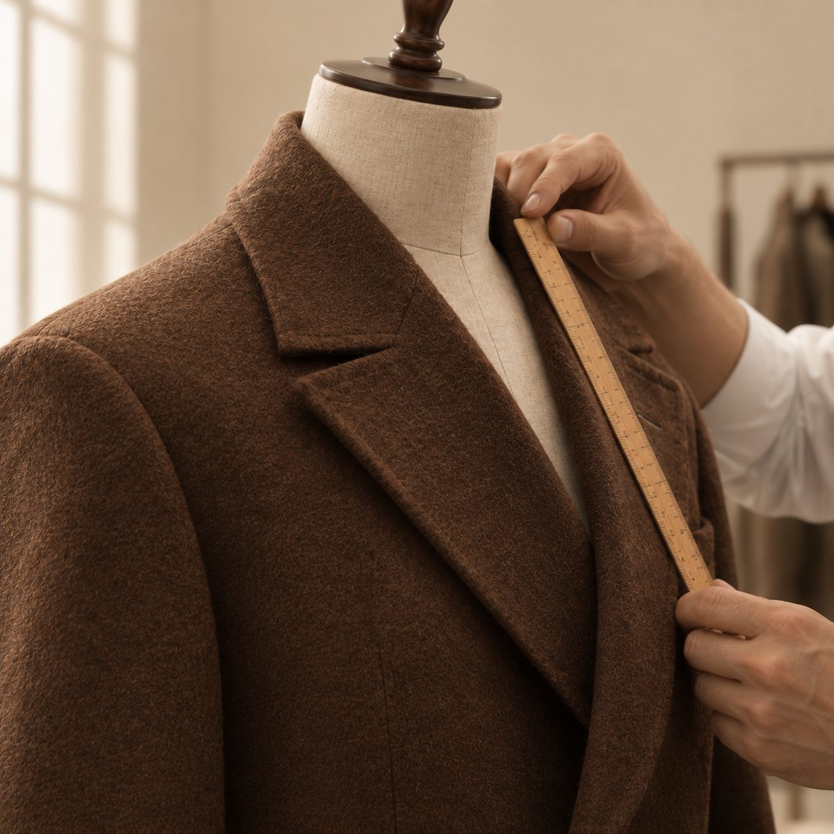 Measuring the collar of a wool coat on a dress form