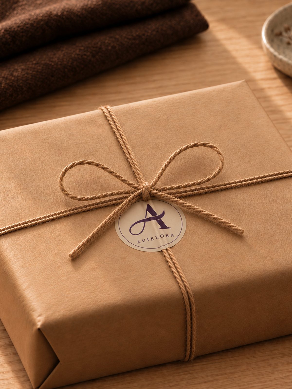 Wrapped Avielora package tied with twine